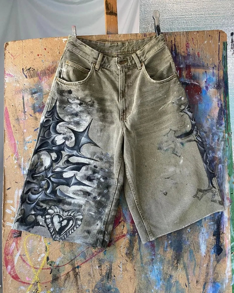 y2k american street retro graffiti anime print oversized denim shorts men shorts high waist fashion loose casual wide leg pants unique jeans style 3376