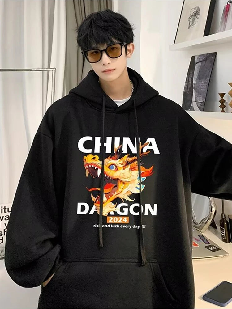 2024 New China Dragon Graphic Hoodies Men Hip Hop Streetwear Hoodie Sweatshirt Harajuku Fleece Printed Pullover Hoody Clothes Street King Limited