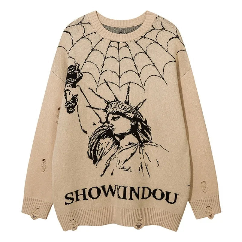 Hip Hop Knitted Sweater Mens Winter O-neck Harajuku Pattern Pullover Streetwear Casual Loose Pullover Sweaters Jumper Knitwear Street King Limited