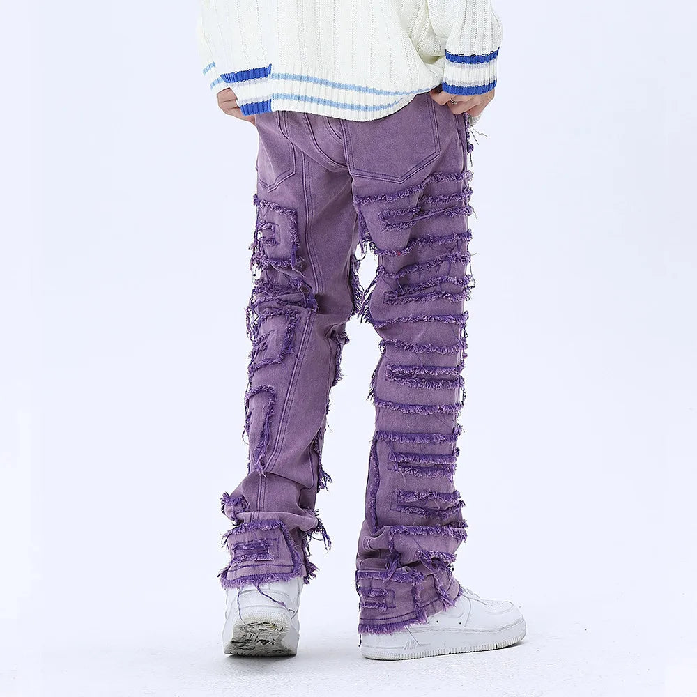 tassel hole spliced european and american straight leg denim pants new popular patch jeans mens wear unique jeans style 307