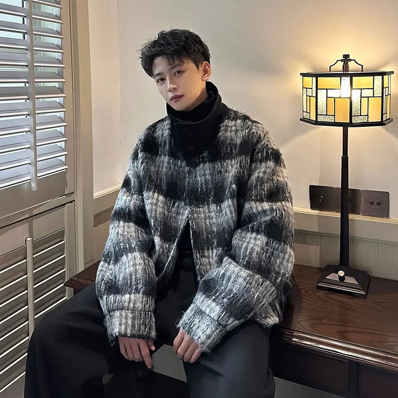 men turtleneck trendy brand fashion stripe christmas woolen bomber jacket women oversize plaid top coat outerwear menswear bottoms