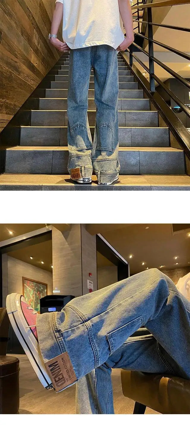autumn vintage high street straight washed denim jeans for men and women trendy hip hop personality inverted loose casual pants unique jeans style 632