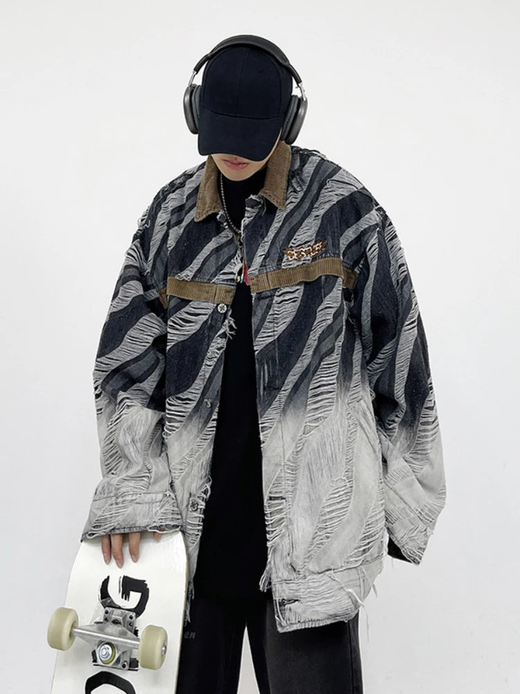 zebra printed harajuku denim jacket and coat mens hip hop patchwork ripped holes jeans outerwear casual streetwear jeans jackets stacked flare jeans