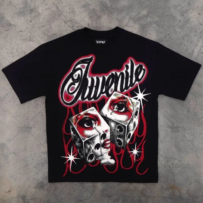 Trendy Brand Rock Punk Streetwear Y2K Harajuku Gothic Retro Pattern Printed Oversized T-shirt Men American Hip-hop Casual Tops Street King Limited