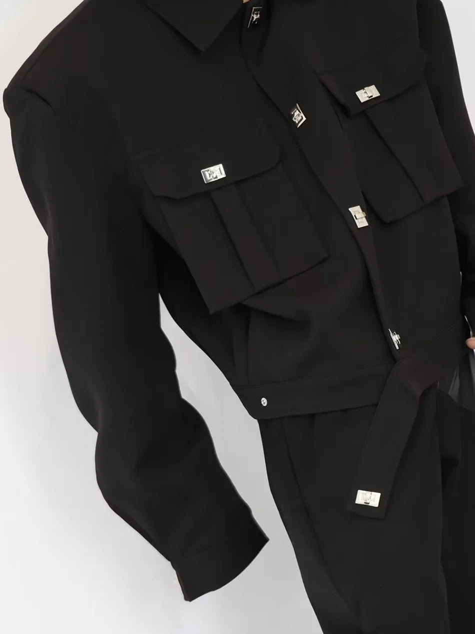 trendy high street jacket mens unisex metal button shoulder pad short coats multi pocket punk hip hop loose outwear oversized unique shorts style 3547