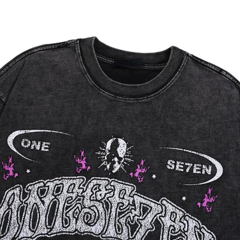 Fashion Distressed Washed T-shirt Harajuku Skull Skeleton Printed Unisex Hip Hop Tees Y2K Loose Mens Casual Cotton Tops T-shirts Street King Limited