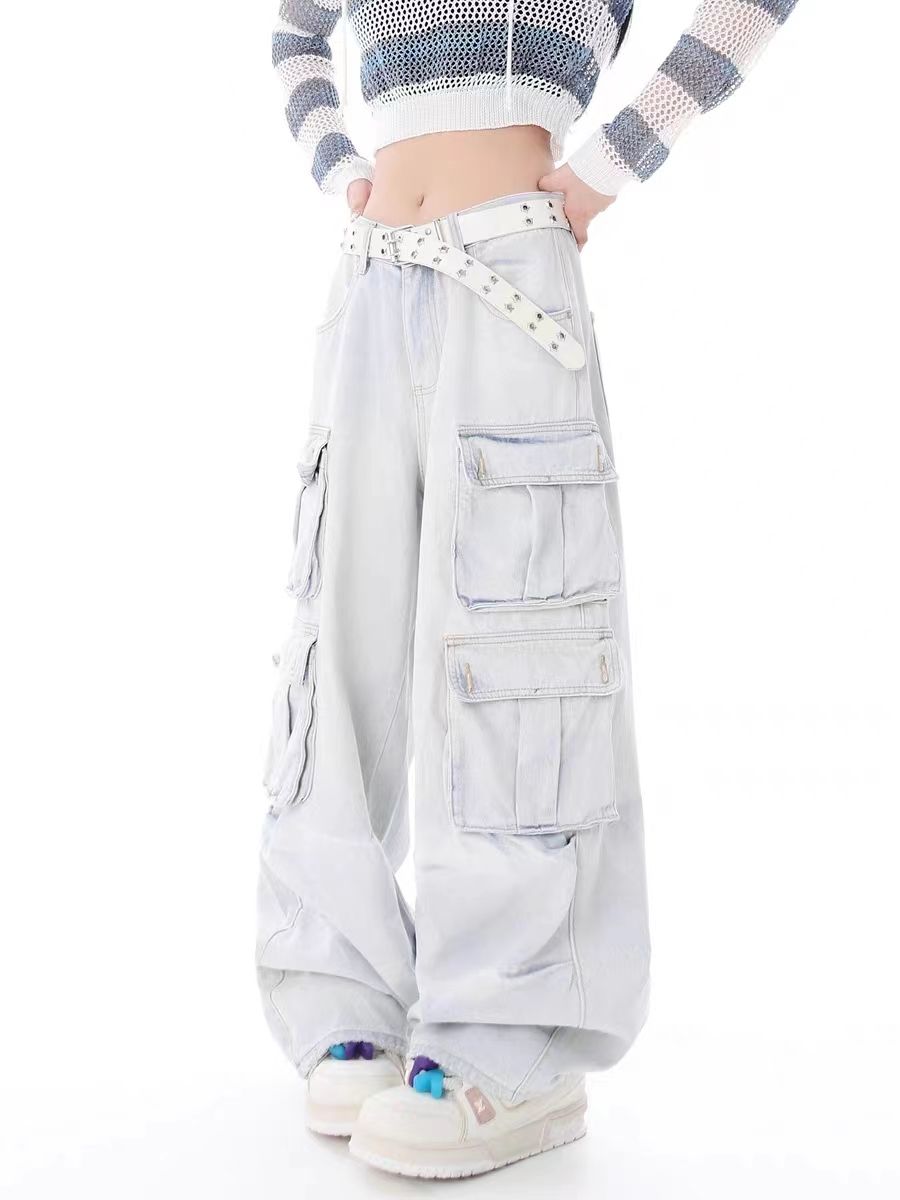 New street straight denim cargo pants overalls with multiple pockets casual wide leg mops jeans women y2k pants vintage clothes Street King Limited