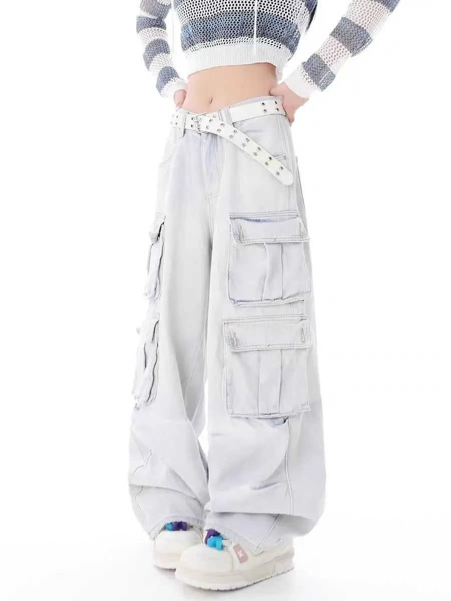 New street straight denim cargo pants overalls with multiple pockets casual wide leg mops jeans women y2k pants vintage clothes Street King Limited