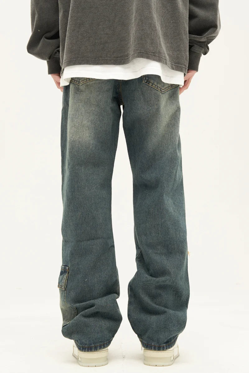 retro washed denim jeans destroyed ripped loose mens biker jeans side pocket fashion streetwear hip hop straight pants joggers relaxed fit joggers