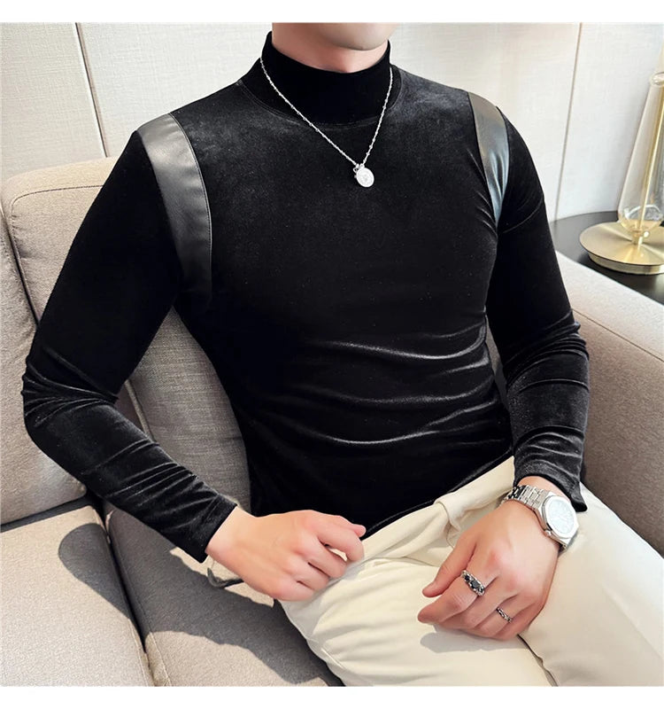 Turtleneck Stretch Slim-fit T-shirt Men Long Sleeve Thicken Elastic Velvet Retro Fashion Casual Tshirt Handsome Man T Shirts Street King Limited