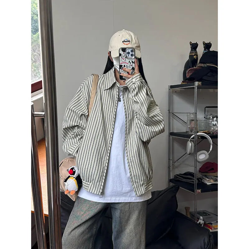 men women spring autumn streetwear fashion loose casual stripe bomber cargo jacket cityboy short coat outerwear baggy cargo bottoms