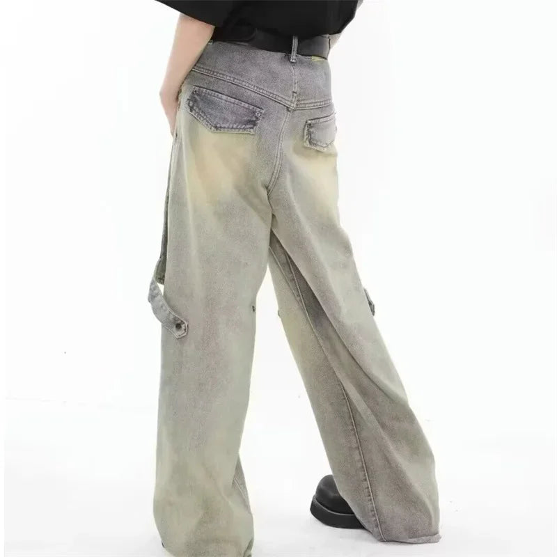 2024 new hip hop wide leg jeans for men washed distressed baggy denim trousers high street deconstruction cargo jean y2k pants military streetwear pants