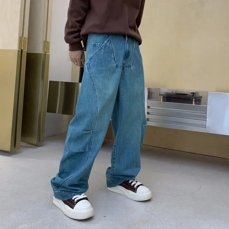 cityboy splice fashion brand jeans men streetwear hip hop vibe loose casual straight washed denim baggy jeans pant man trousers vintage washed jeans