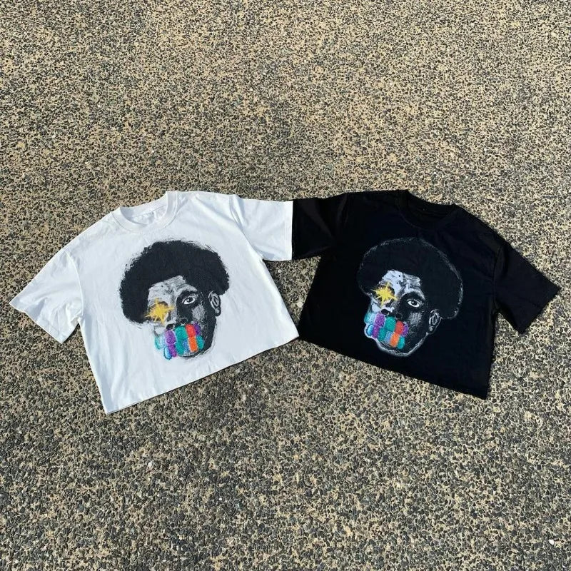 Summer American High Street Fashion Brand Round Neck Short-sleeved Y2k Harajuku Retro Anime Print Oversized Couple T-shirt Top Street King Limited