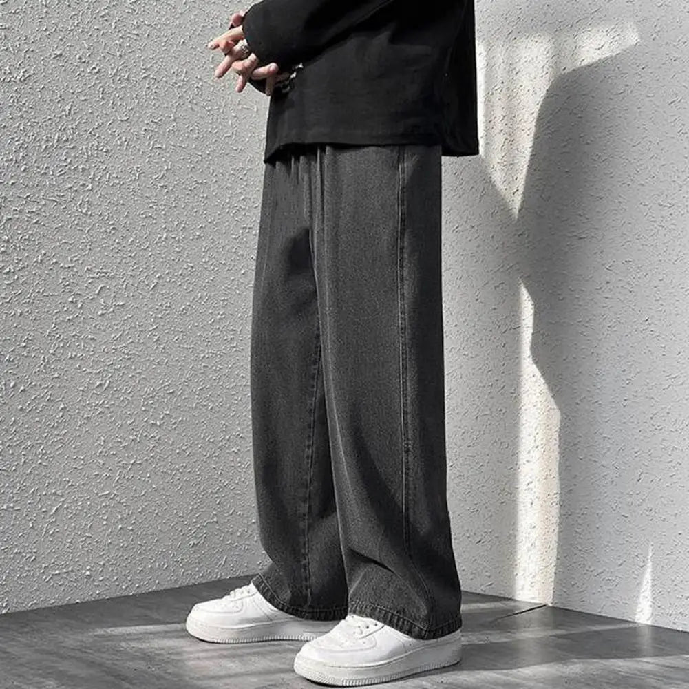 korean mens casual long jeans loose retro straight baggy pants denim wide leg pants light blue grey black retro washed jeans unique jeans style 1228