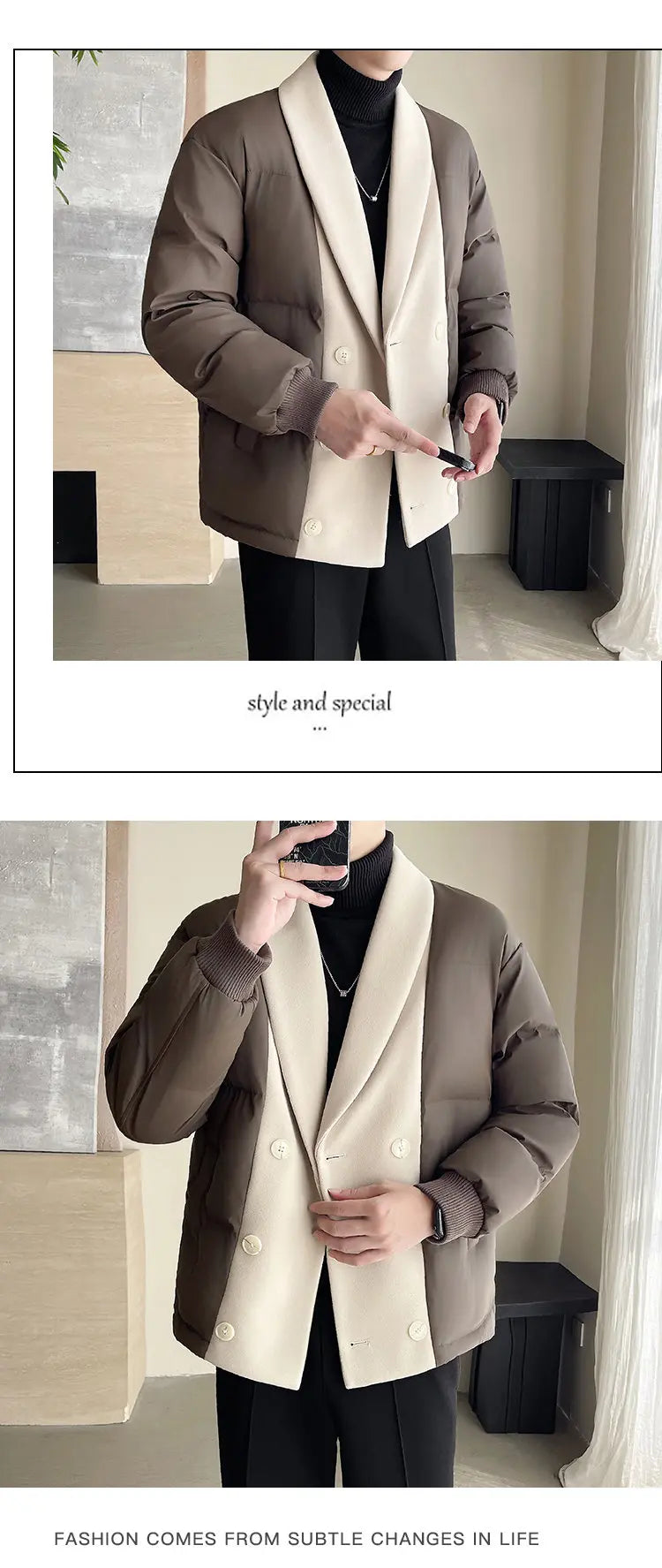 men winter woolen splice cotton padded business casual thicken warm jacket korean streetwear fashion parkas coat outerwear unique default style 1474