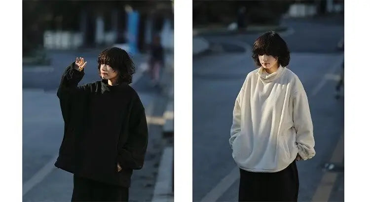 Men Women Winter Fleece Sweatshirt Korean Style Half High Collar Streetwear Oversized Couple Solid Color Autumn Warm Pullovers Street King Limited