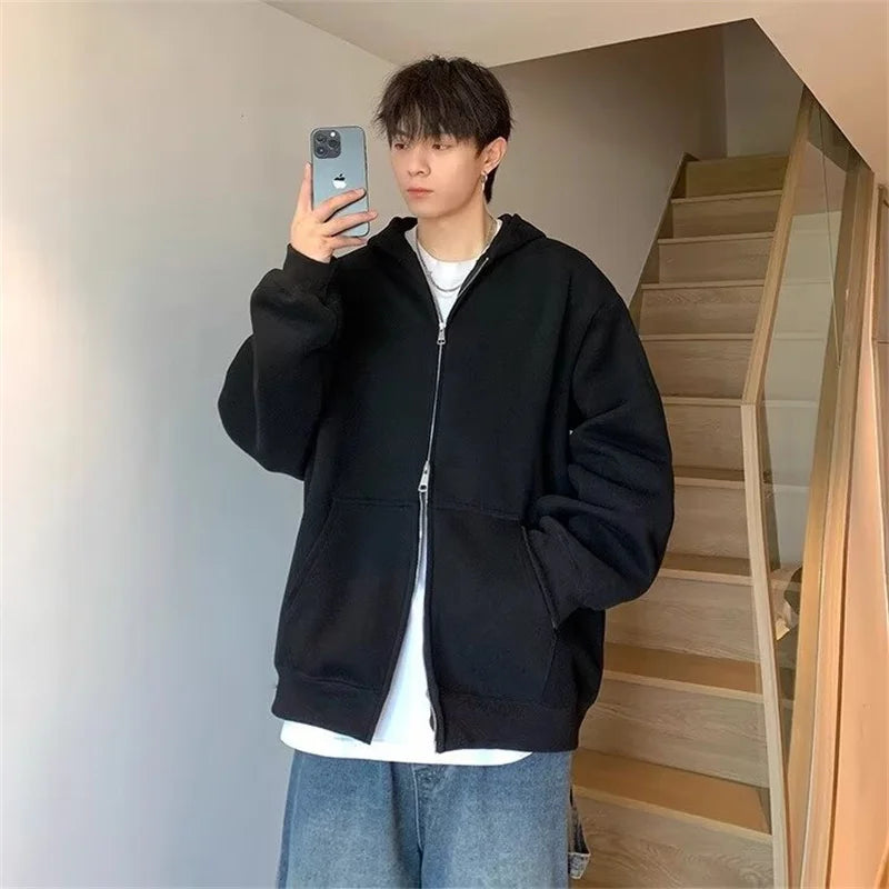 winter mens fleece zipper hooded sweatshirts 2025 new classic solid color oversized hoodies y2k streetwear outerwear tracksuit unique default style 32