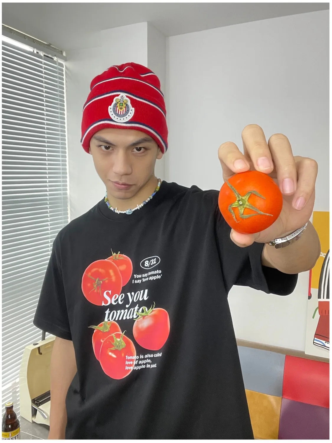 Tomato print pure cotton short-sleeved T-shirt, fun and cute men and women niche fashion brand Korean style college style top Street King Limited