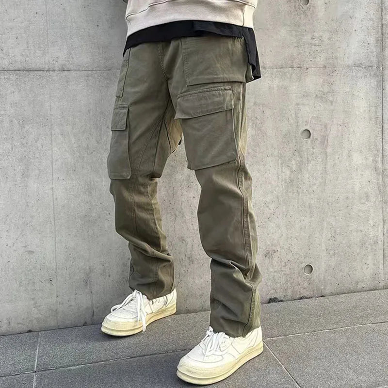 Harajuku Multi-pockets Straight Flare Pants Mens High Street Elastic Waist Solid Loose Casual Cargo Pants Hip Hop Baggy Trousers Street King Limited