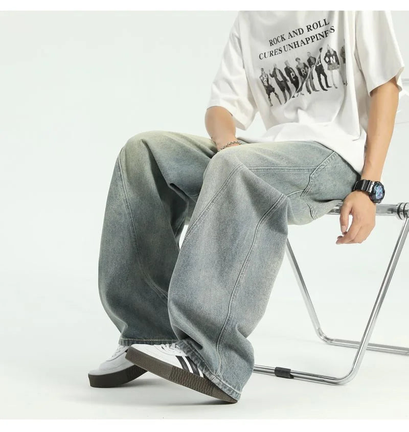 new vintage men s patchwork baggy jeans draped straight leg denim trousers autumn korean fashion high street casual y2k jean unique jeans style 534
