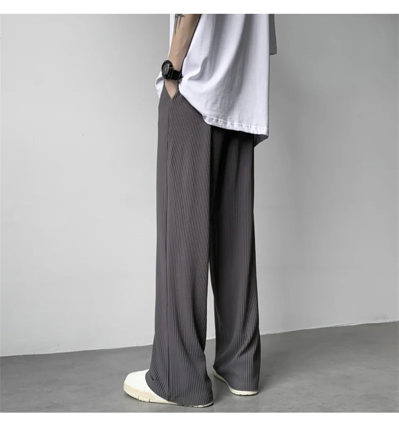 summer texture straight pants for men korean fashion baggy wide leg trousers casual drape pleated striped y2k pantalones hombre unique default style 484