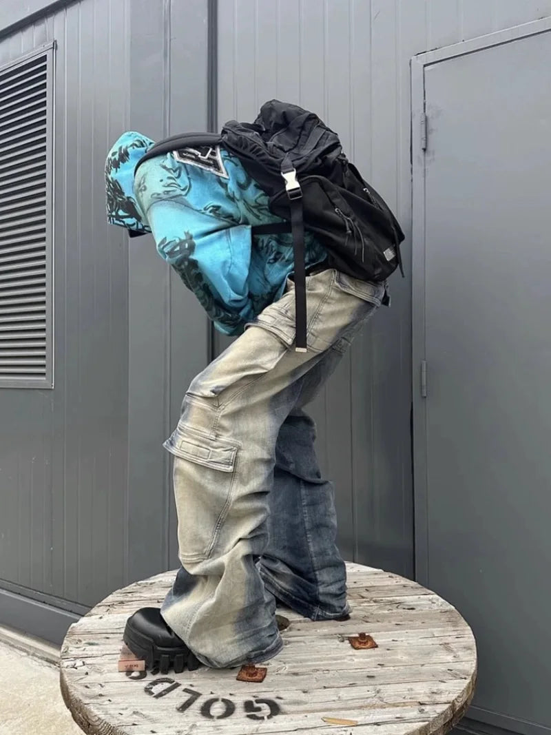 fashion denim baggy cargo jean pants men hip hop elastic waist wide legs retro washed jeans side pocket streetwear jeans joggers sporty tapered joggers