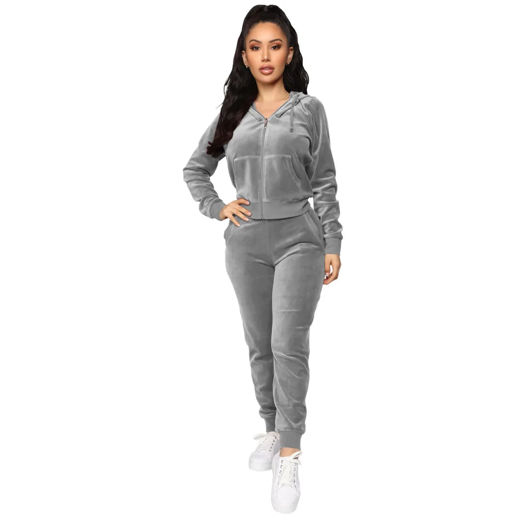 Women's Velvet Hooded Zipper Sweater Elastic Waist Trousers Two-piece Set Fashion Personality Trend Clothing Two-piece Slim Suit Street King Limited