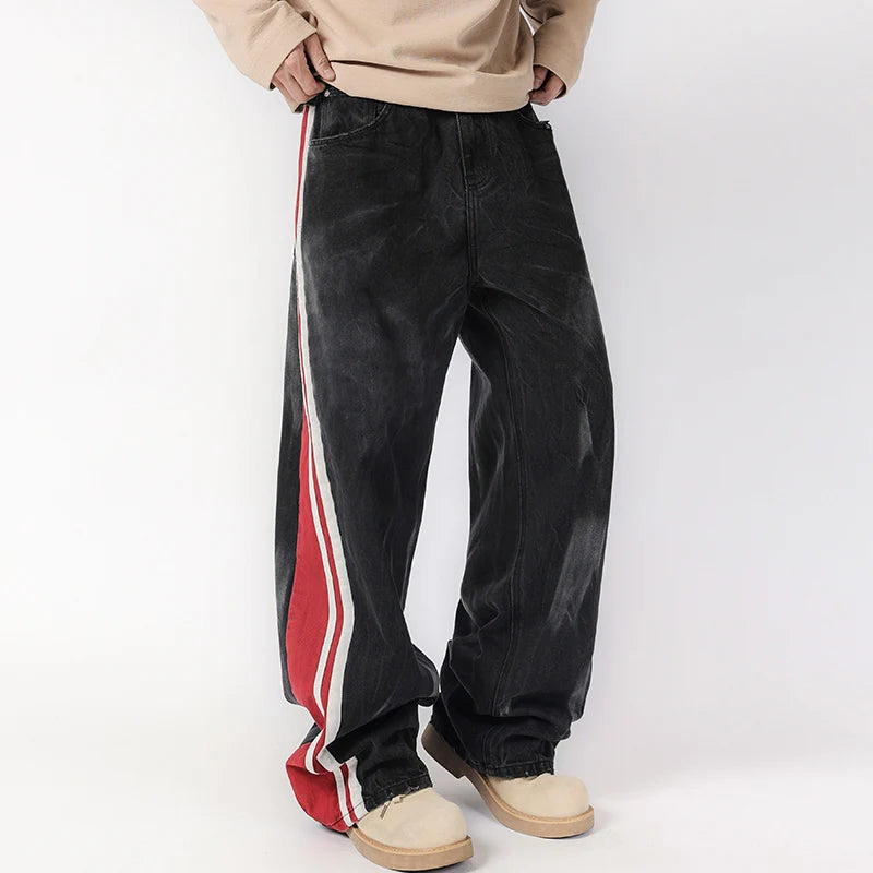 men streetwear fashion side splice hip hop loose casual wide leg straight baggy jeans pant cityboy jeans pants trousers denim street jeans