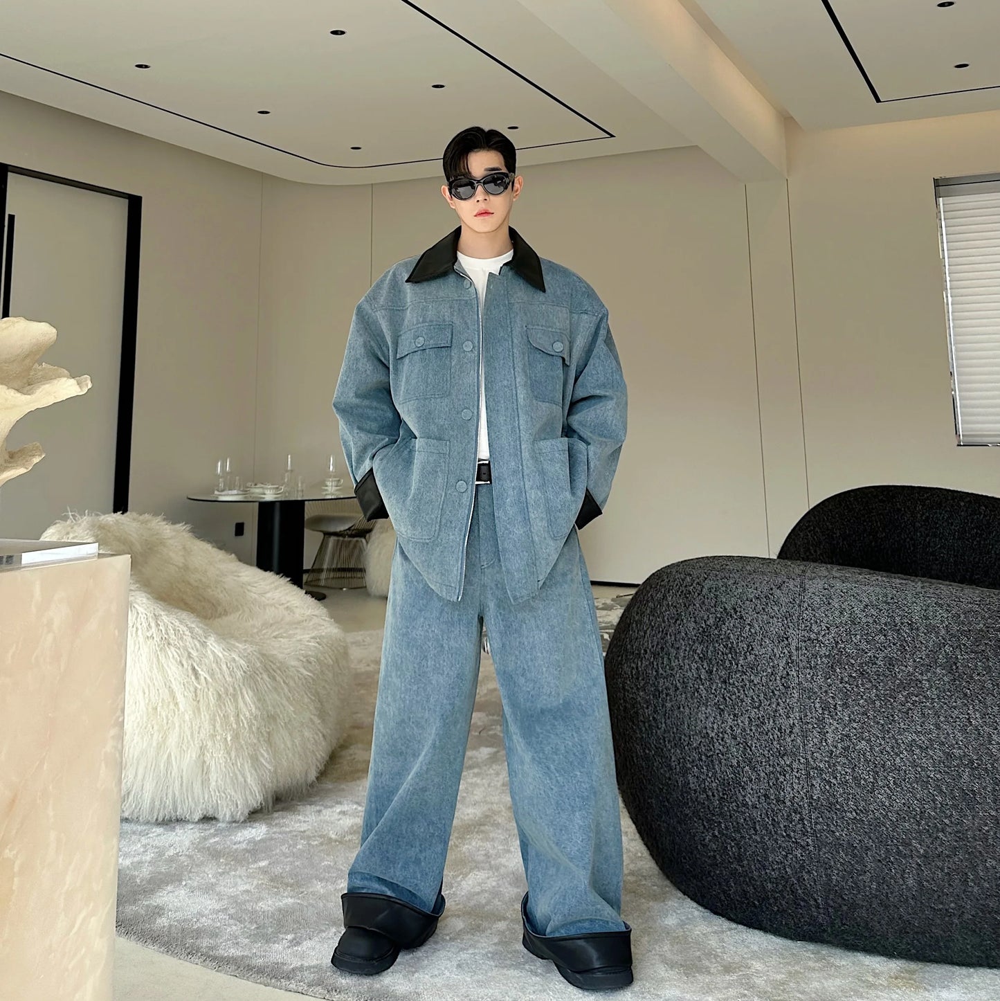 fashion show suits men streetwear washed denim splice loose casual jacket wide leg jeans pants 2 piece sets coat trousers suits unique jeans style 2626