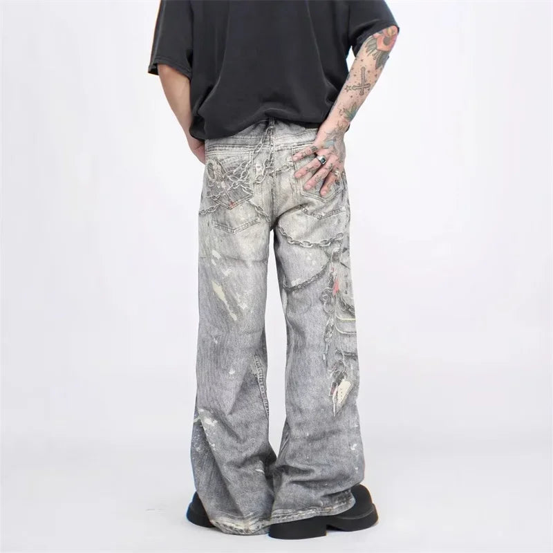 new 3d chain printed baggy jeans for men and women casual baggy straight denim pants high street wide leg y2k blue jean vintage washed jeans