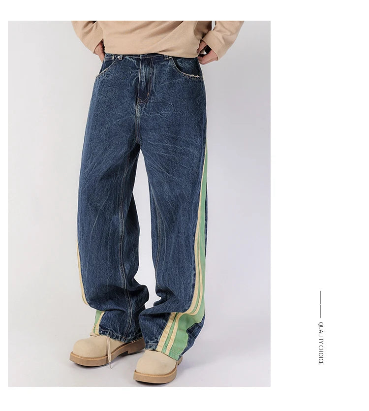 men streetwear fashion side splice hip hop loose casual wide leg straight baggy jeans pant cityboy jeans pants trousers unique jeans style 2495
