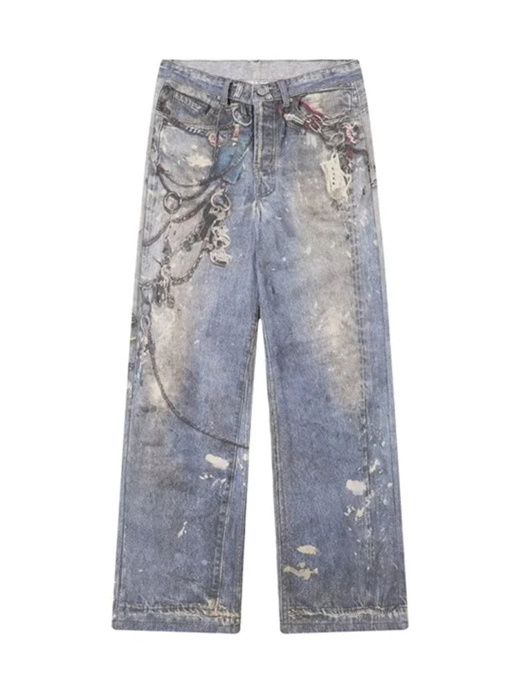 new 3d chain printed baggy jeans for men and women casual baggy straight denim pants high street wide leg y2k blue jean unique jeans style 433