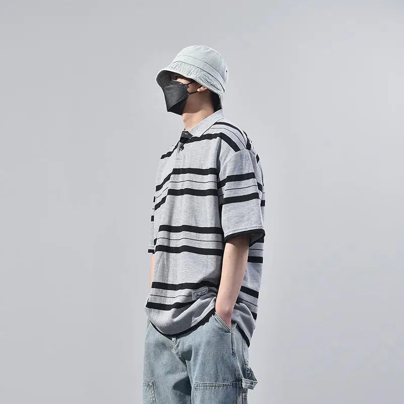 Summer Korean Personalized Men's Retro POLO Shirt Gray and Black Striped Breathable Men's Women's Y2K Summer Half-sleeved Top Street King Limited