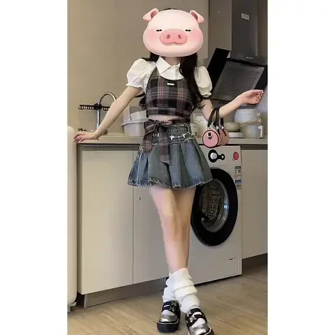 Summer gentle outfit 2023 new Korean version short sleeved shirt plaid suspender denim short skirt womens two peice skirt sets Street King Limited