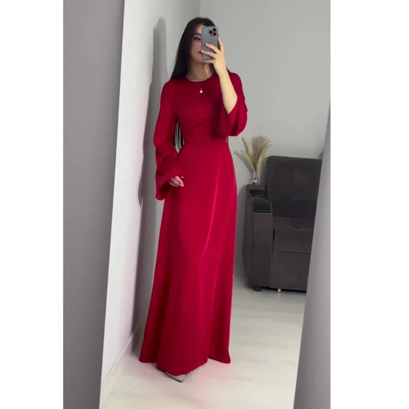 2024 Women Satin Long Dresses Sexy Lace Up Slim Evening Dresses Simple Round Neck Flare Sleeve Birthday Party Dresses For Women Street King Limited