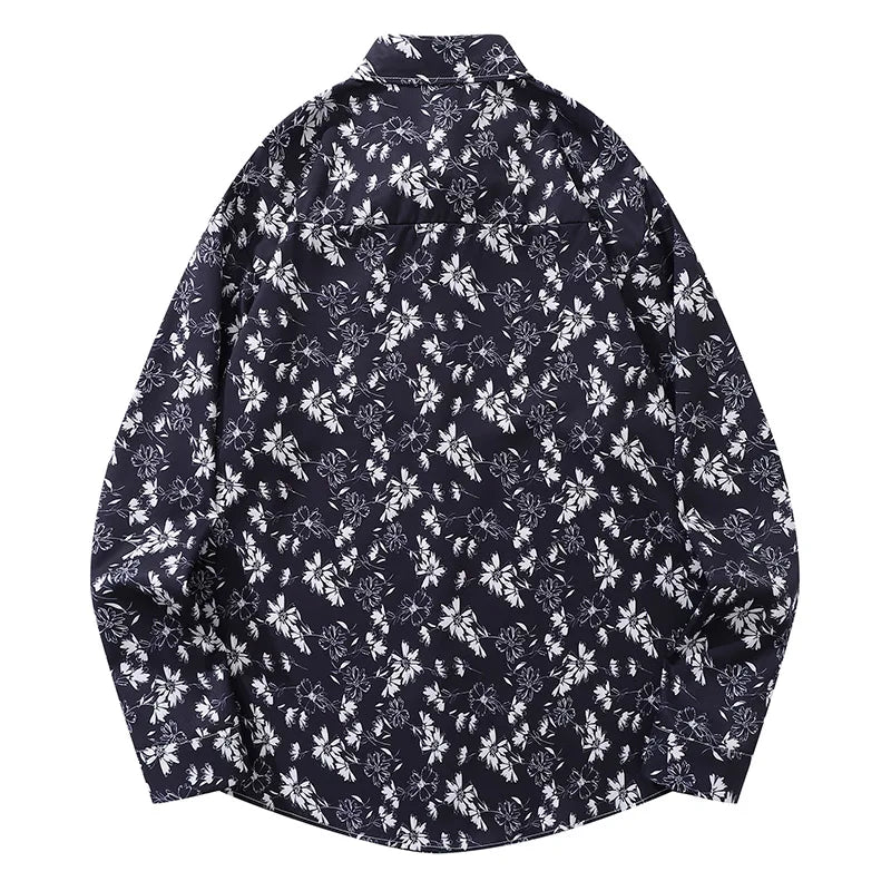Men Long-Sleeved Shirt Japanese Retro Floral Printed Blouse Coat Oversize Loose Casual Tops Single Breasted Versatile Clothing Street King Limited
