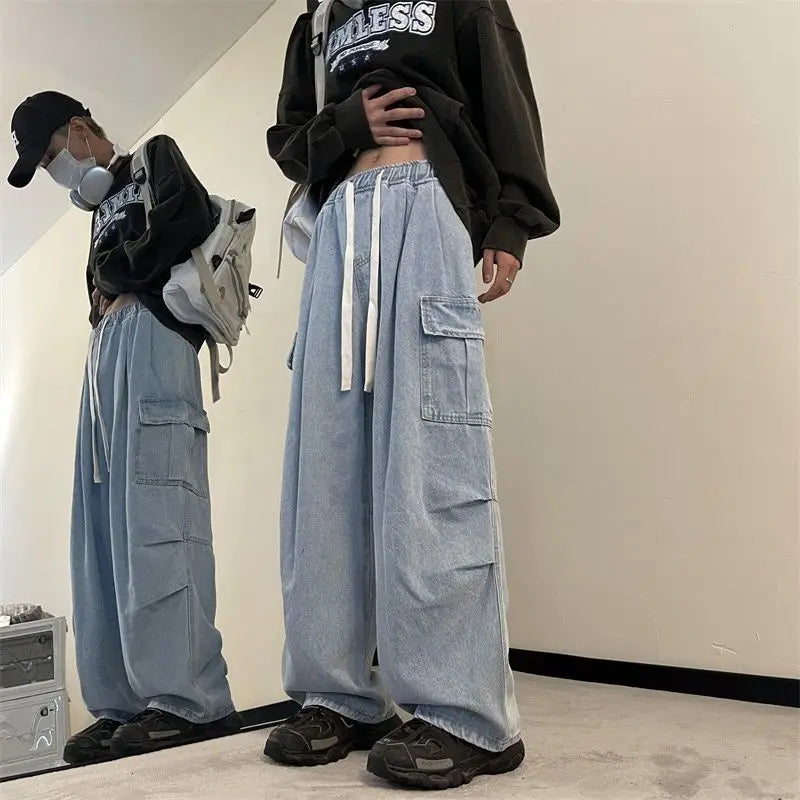 spring and autumn high street men and women trendy american washed straight leg jeans couple american loose retro casual pants urban skinny jeans