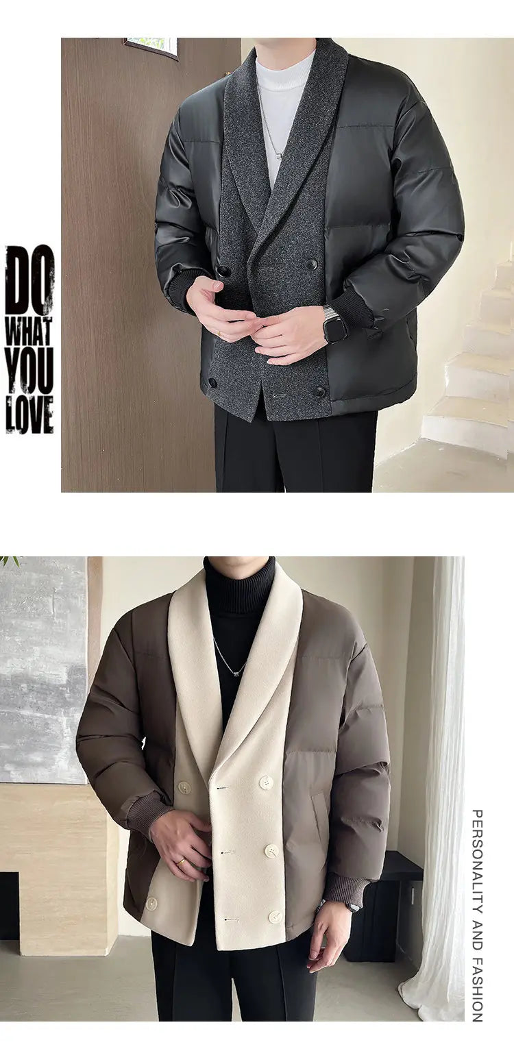 men winter woolen splice cotton padded business casual thicken warm jacket korean streetwear fashion parkas coat outerwear unique default style 1473