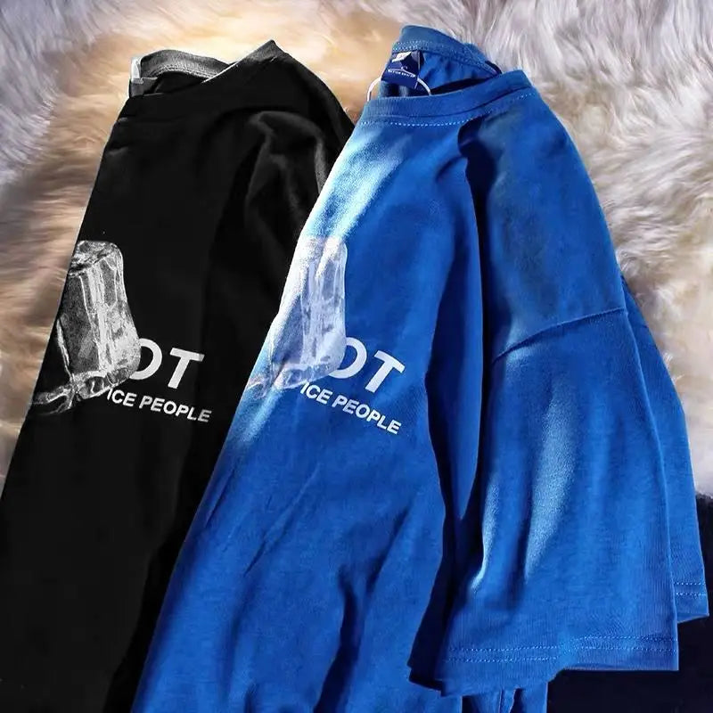 Summer New Cotton American Street Trend Ice Block Print Graphic T-shirt for Men and Women Casual Loose Personality Short Sleeve Street King Limited