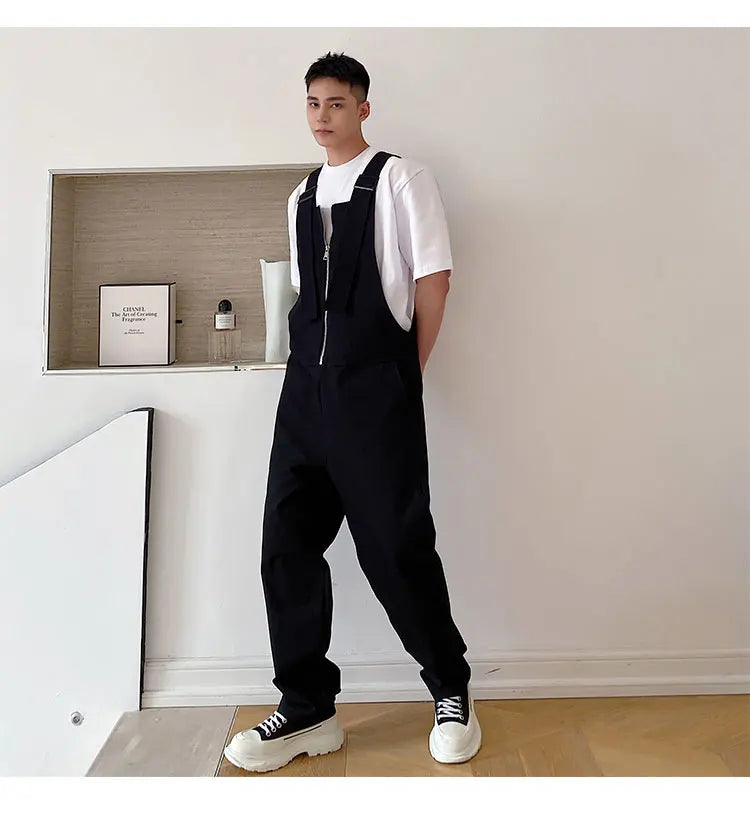 Trendy Men's Shoulder Strap Jumpsuit Pants Washed Loose Fitting Workwear Pants Multi Pocket Streetwear Cargo Suspenders Pants Street King Limited