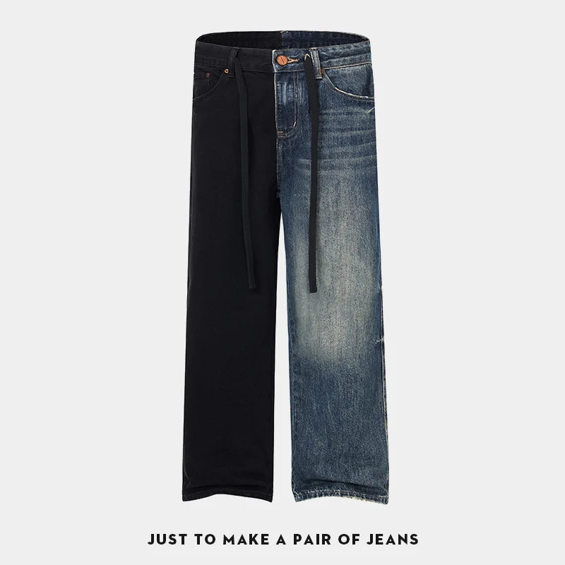 men streetwear fashion black blue splice hip hop loose casual wide leg straight baggy jeans pant cityboy jeans pants trousers unique jeans style 2536