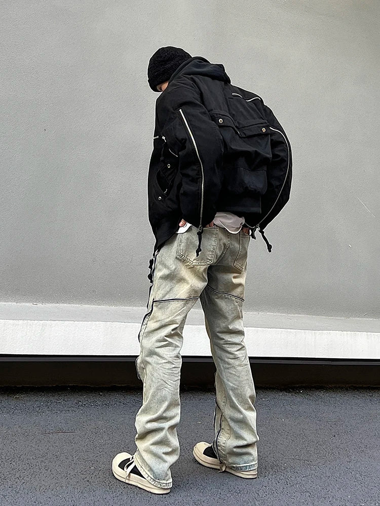 retro washed denim jean pants 2023 new casual zipper open loose straight jeans hip hop y2k pants mens jeans streetwear joggers sporty tapered joggers
