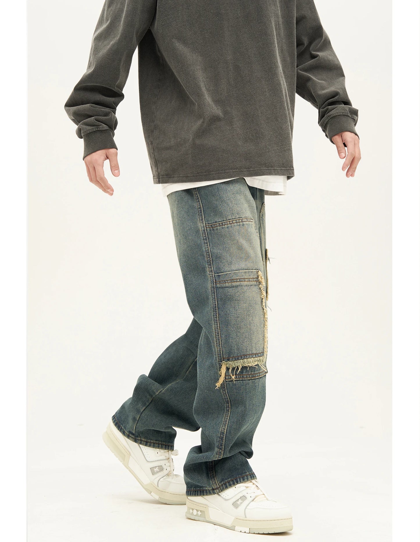 retro washed denim jeans destroyed ripped loose mens biker jeans side pocket fashion streetwear hip hop straight pants joggers unique joggers style 1198