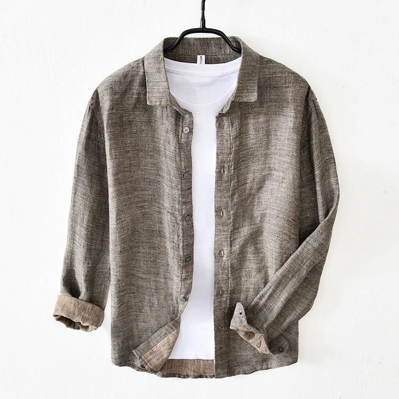 Vintage Linen Shirt Men Spring Autumn New Khaki Lapel Loose Long Sleeve Shirt Retro Casual Solid Breathable Cardigan Top Tees Street King Limited