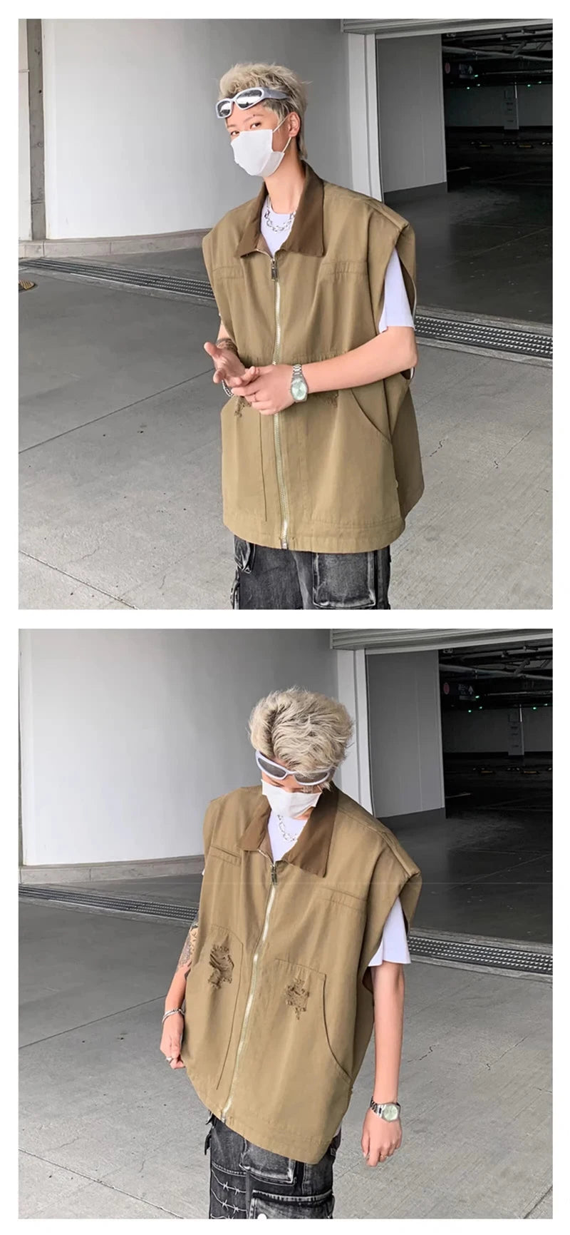 autumn mens zipper sleeveless denim jackets outwear streetwear khaki cargo vest coats 2024 new hip hop fashion working clothes unique cargo style 10