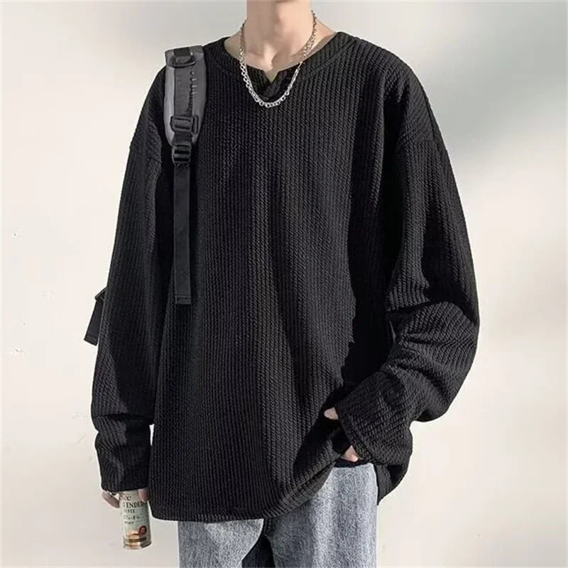 Autumn Men's V-neck Long Sleeve T-shirts New Solid Color Jacquard Waffle Pullover Tops High Street Fashion Breathable Tee Shirts Street King Limited