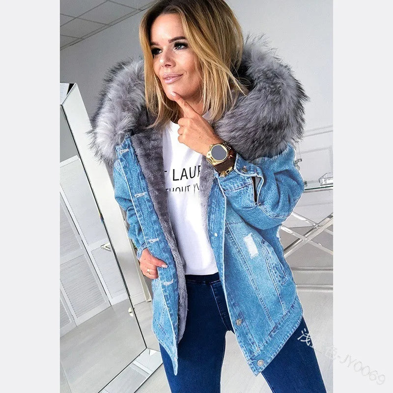 european and american retro hooded large fur collar denim jacket stylish casual warm mid length ripped and distressed jacket unique jeans style 5184
