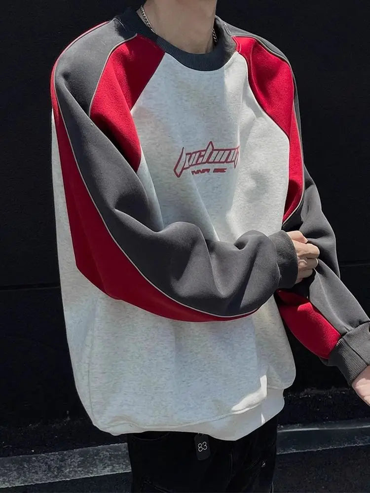 Trendy Personality Korean Motorcycle Style Round Neck Sweatshirt Men 2024 Spring Autumn Niche Contrasting Color Pullover Hot Top Street King Limited