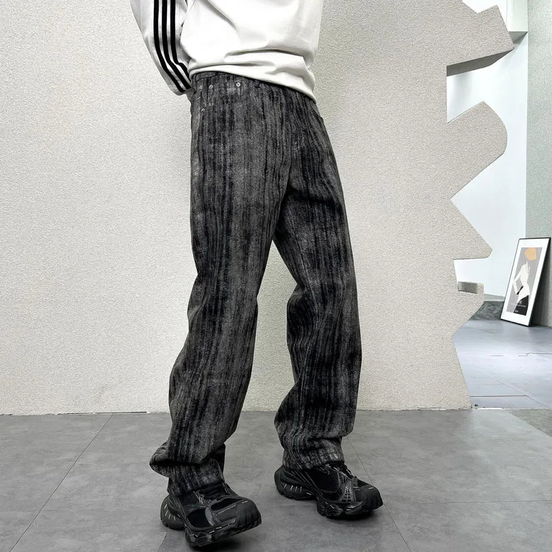 mens streetwear fashion hip hop vibe casual retro tie dyed denim pant jeans cityboy black gray straight jeans trousers denim street jeans